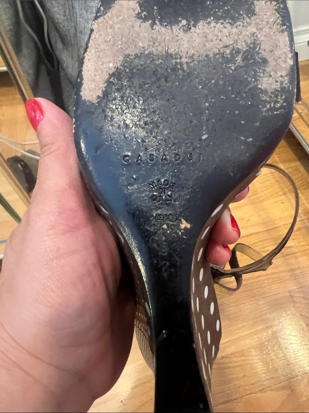 Casadei Brown Patent Leather Polka Dot Wedge Sandals - Picture 8 of 11